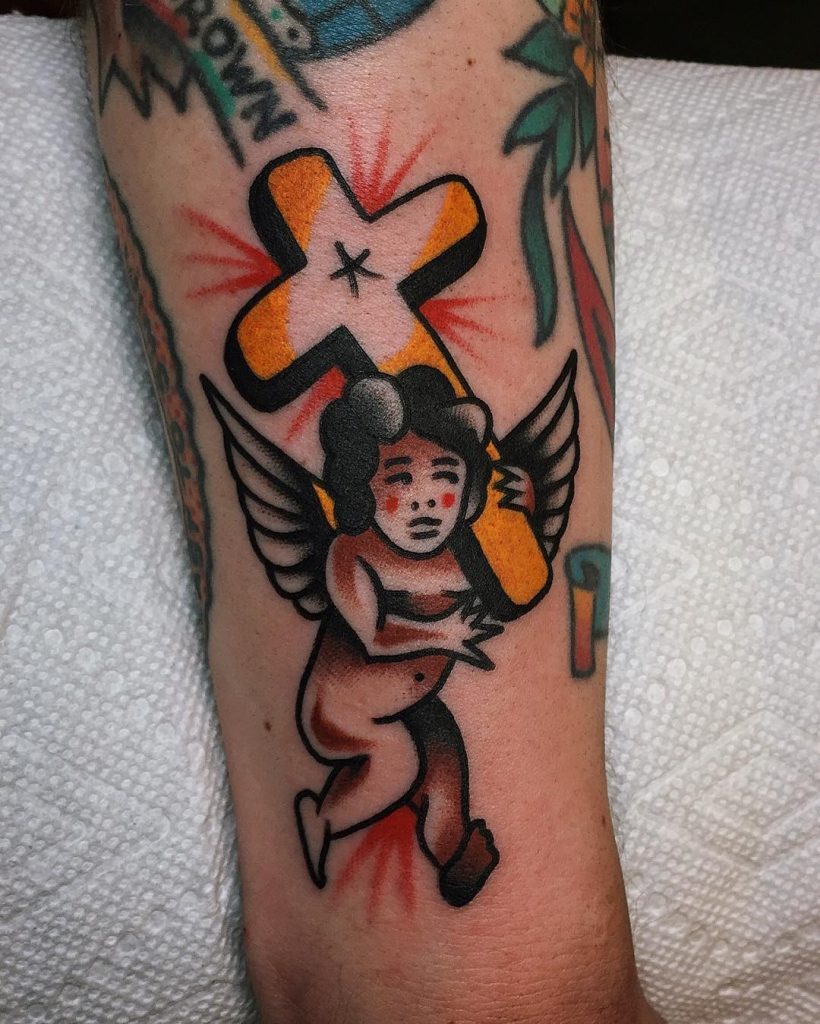 Angel with a cross Traditional tattoo