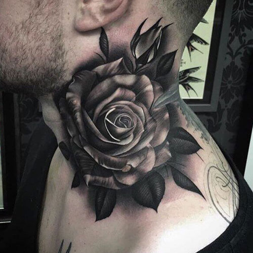Black rose tattoo on the neck
