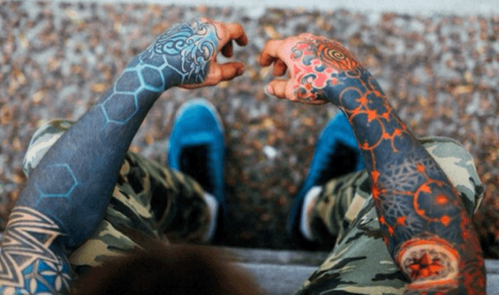 Blue and red sleeves abstract mens tattoo