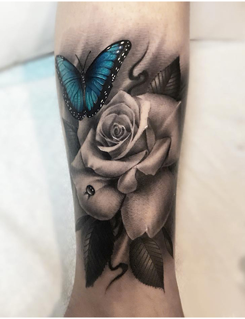 Forearm Rose And Butterfly Tattoo Designs