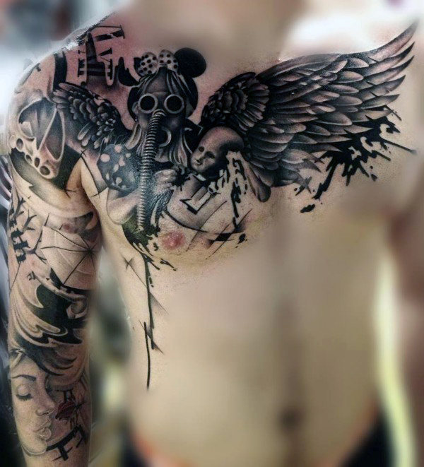 Chest abstract gask mask angel tattoo for men