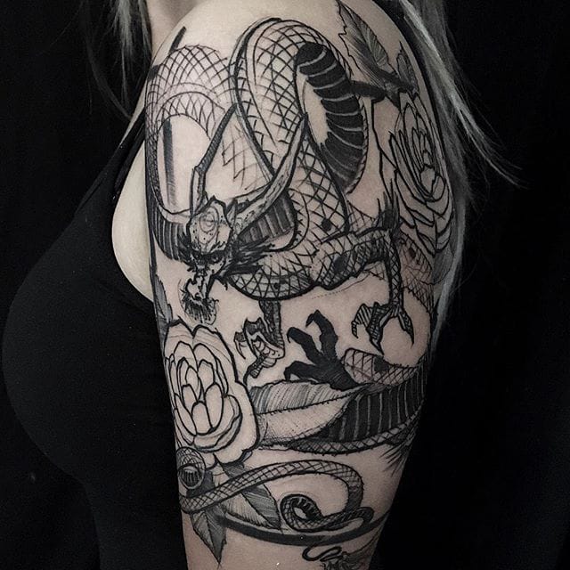 Dragon and Roses women tattoo