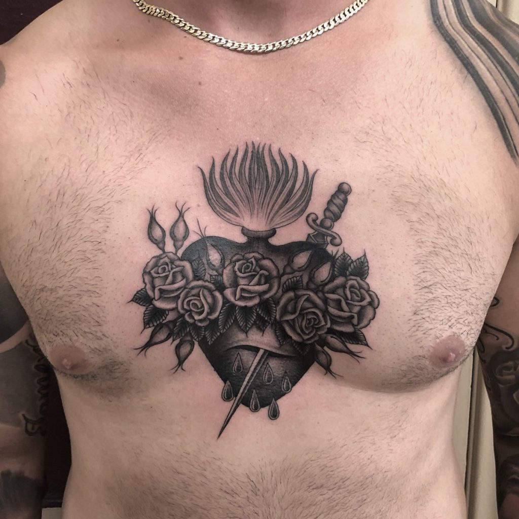 Flower Tattoo On chest Fire