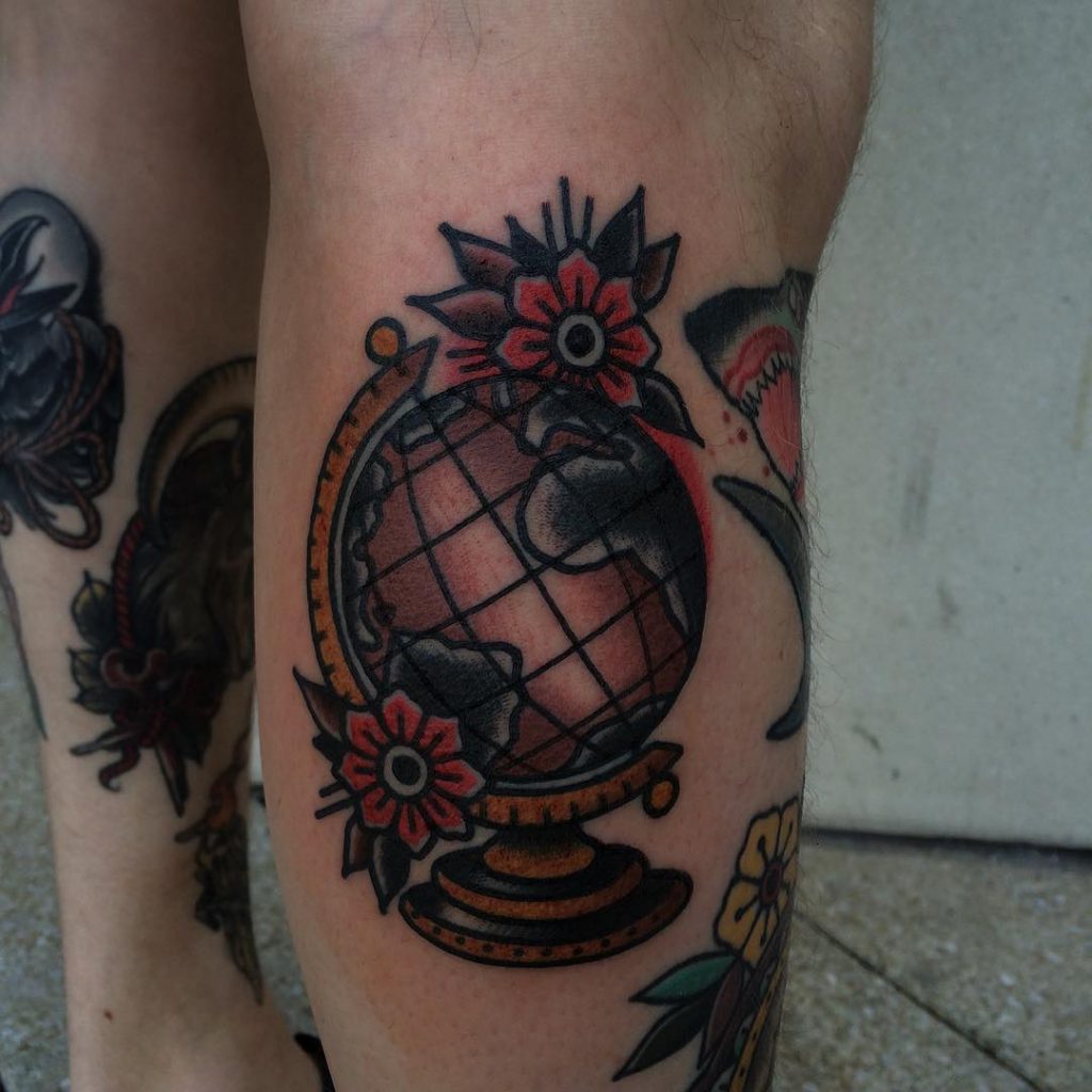 Globe and flowers Traditional tattoo