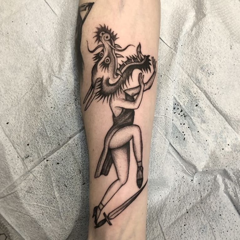 Grey dragon Sword Traditional Tattoo