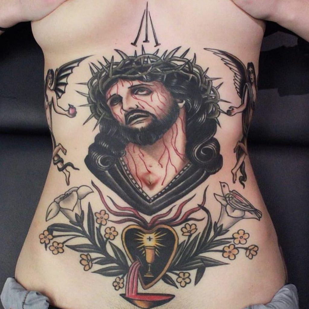 Jesus Detailed Religious Neck girl Tattoo