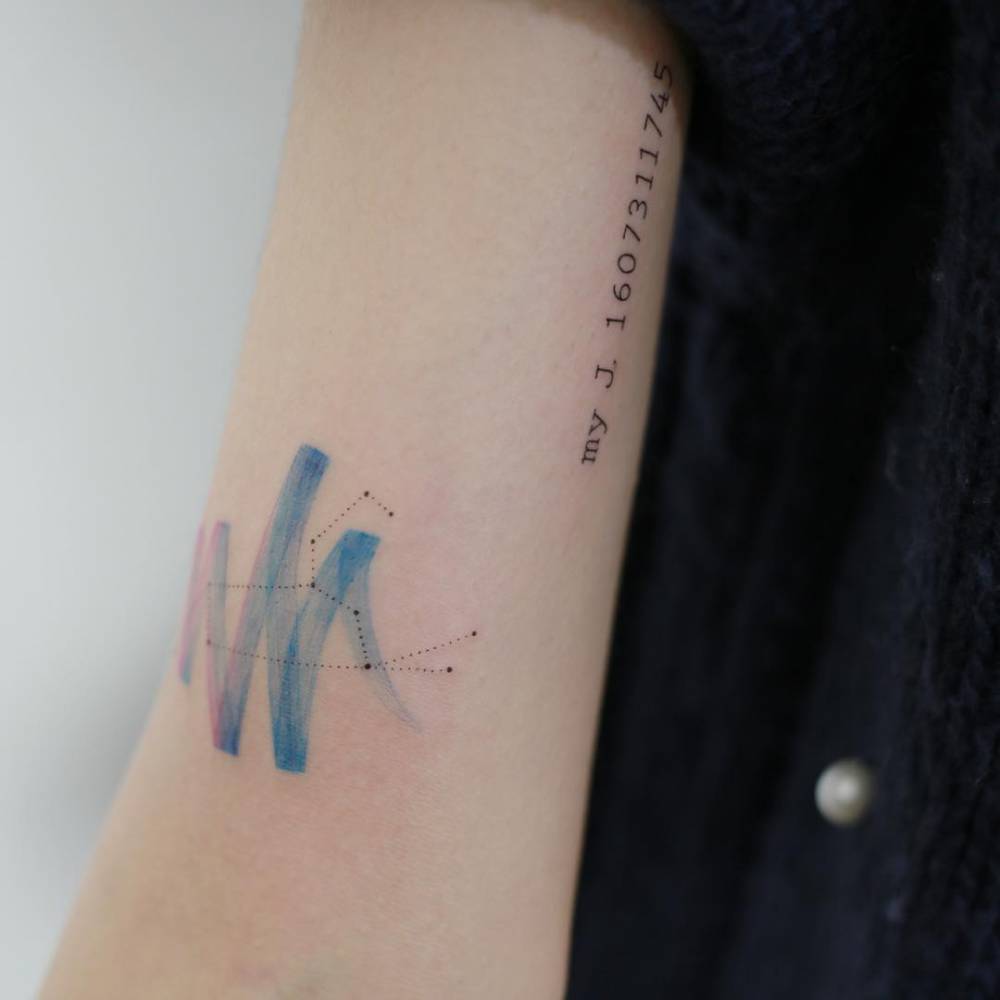 Leo Constellation And Watercolor Paint Brush Stroke Tattoo