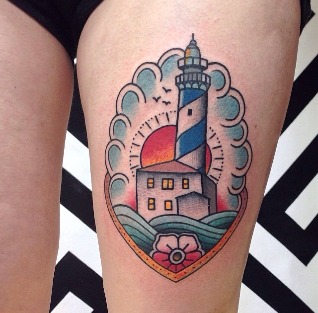 Lighthouse Traditional tattoo on the thigh