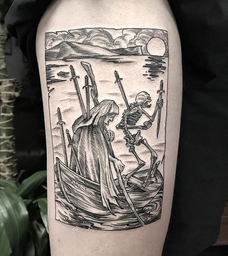 Six of Swords tarot card angel tattoo
