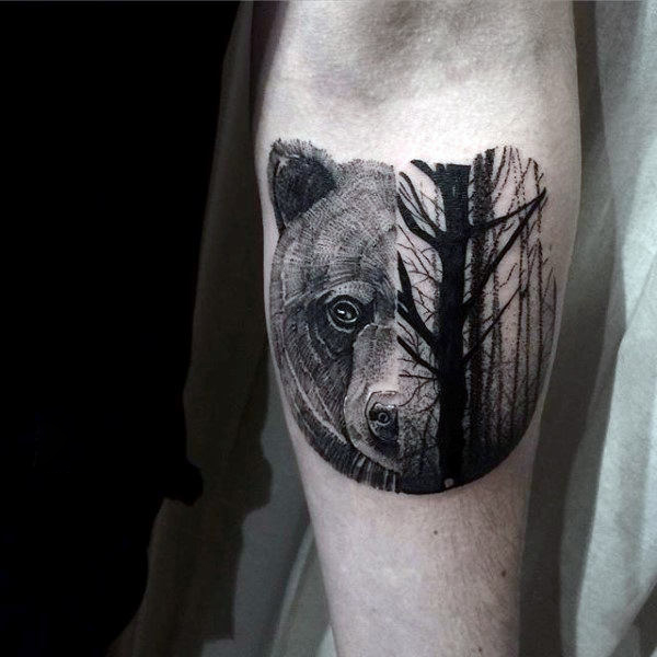 Small half bear half forest trees guys animal tattoo