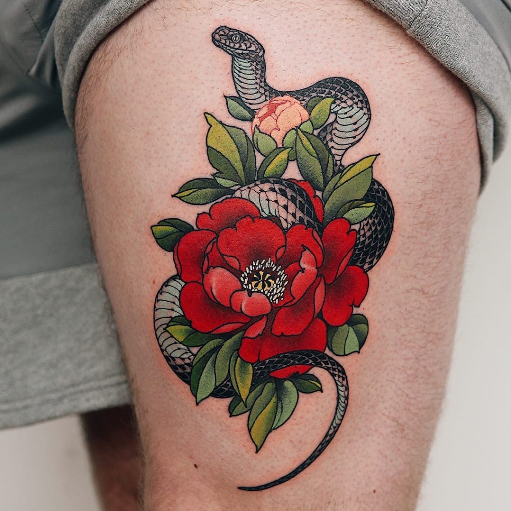 Snake and peony tattoo