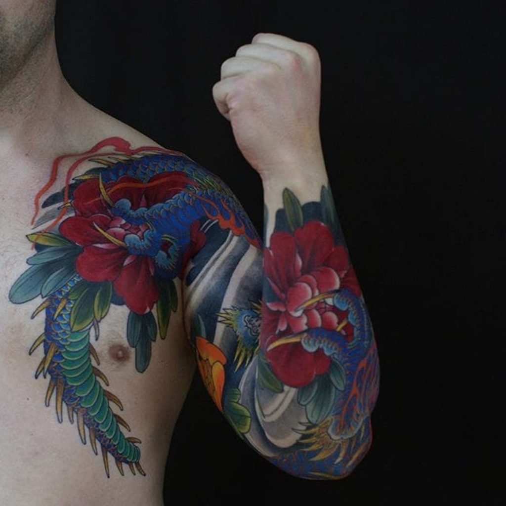 Stunning dragon sleeve with peonies tattoo