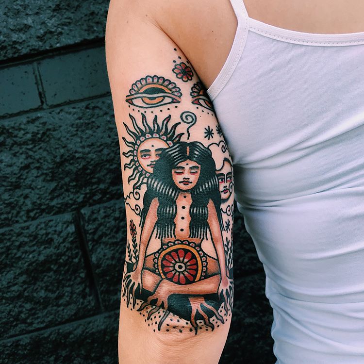 Style Traditional tattoo of a meditating girl