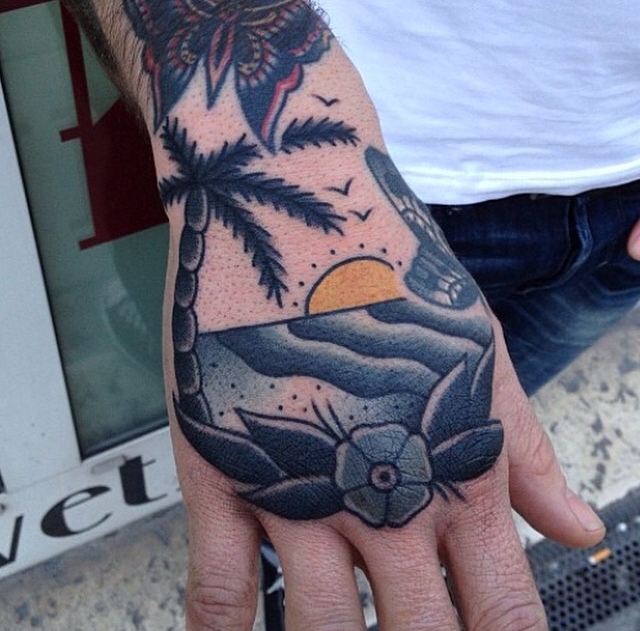 Sunset Traditional tattoo on the hand