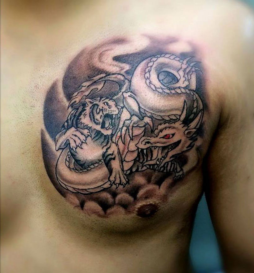 Tiger and Dragon Chest Tattoo