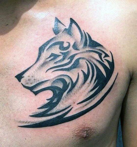 Tribal Wolf Tattoo on Chest