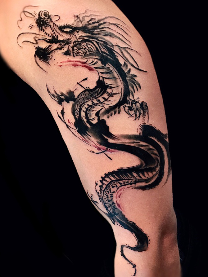 Watercolor black dragon tattoo