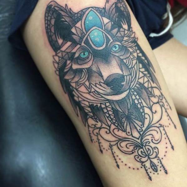 Wolf thigh girl tattoo