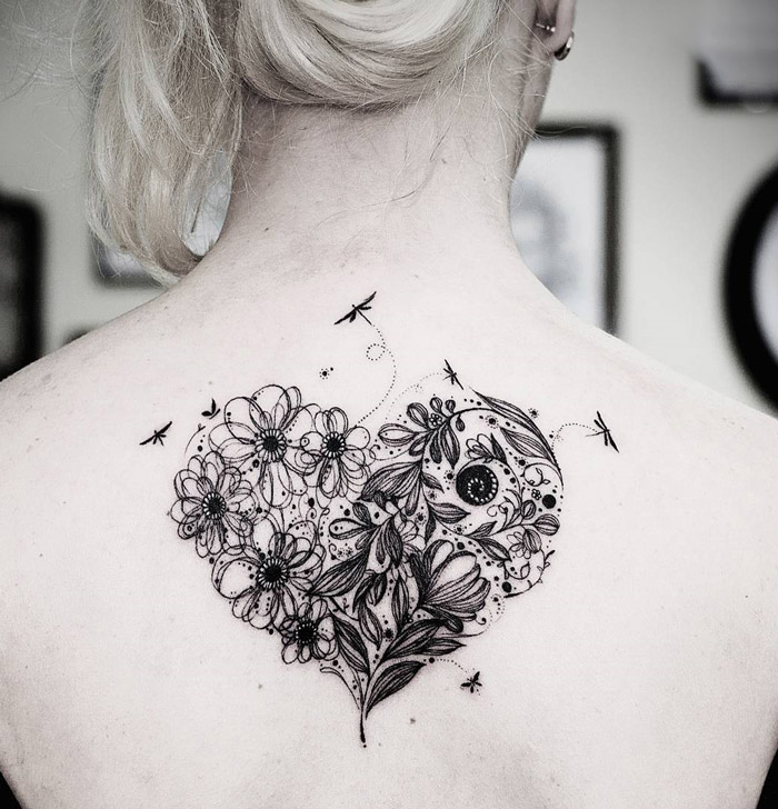 flower heart back tattoo