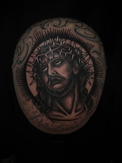 javier betancourt jesus traditional tattoo black and grey