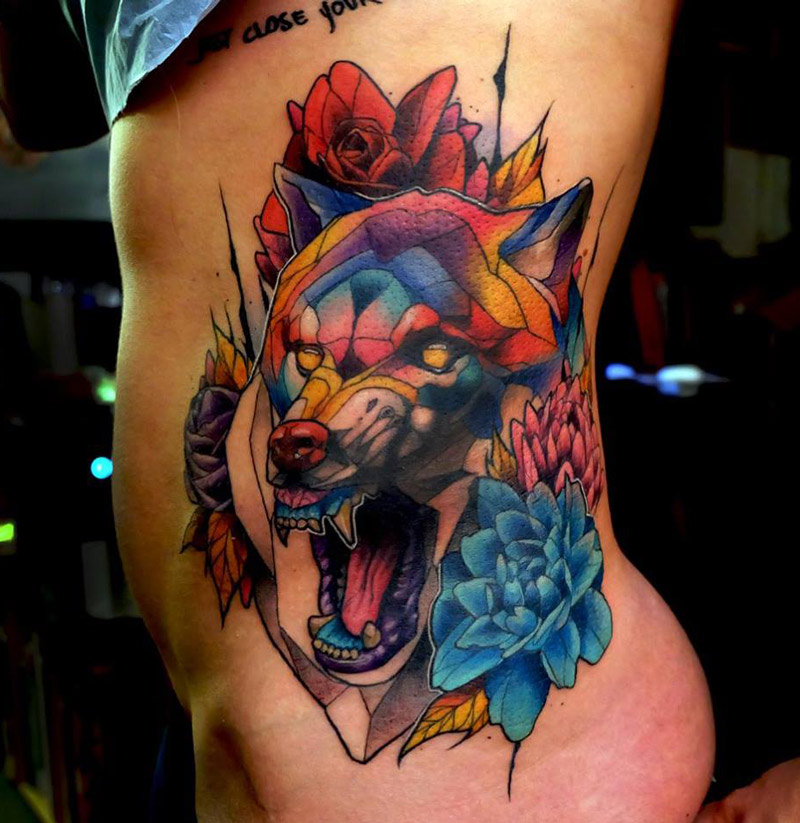 wolf side tattoo multicolored