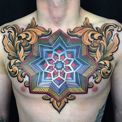 3d optical illusion mens filigree geometric chest tattoo 3d optical illusion mens filigree geometric chest tattoo