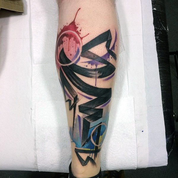 Abstract watercolor graffiti male tattoo design on legs