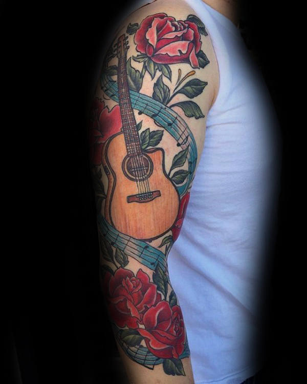 Acoustic guitar men floral music note arm tattoo