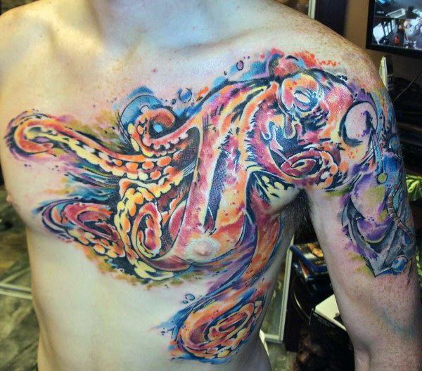 Aesthetic watercolor tattoo on chest for guys