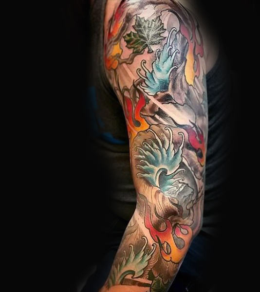 Amazing full sleeve fire and water tattoo for men
