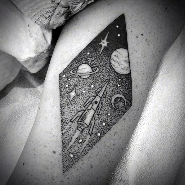 Amazing mens spaceship dotwork thigh tattoo design ideas