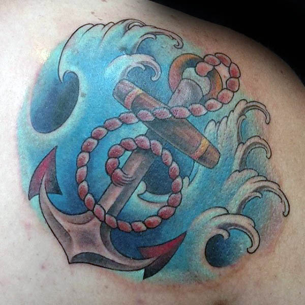 Anchor treble clef ocean waves mens shoulder tattoo