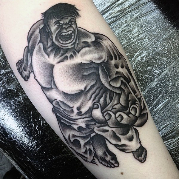 Angry grey hulk tattoos male forearms