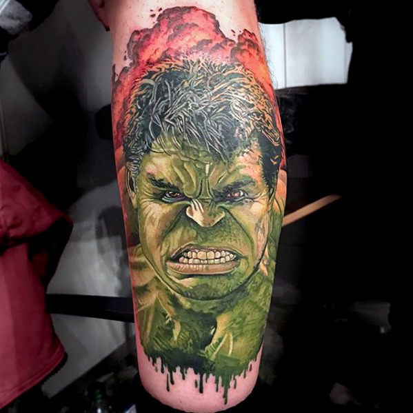 Angry incredible hulk male marvel leg tattoo