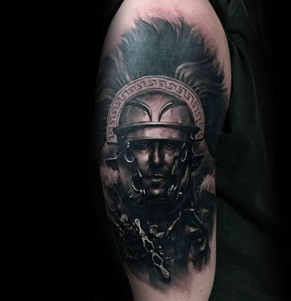 Arm male with cool portrait tattoo design