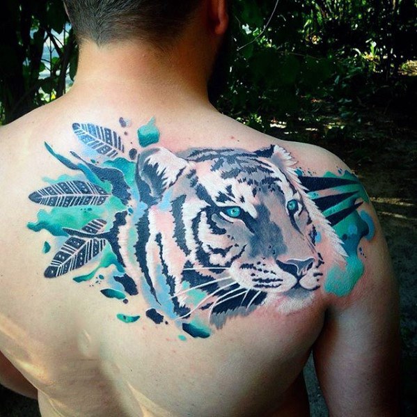 Artsy guys tiger watercolor upper back shoulder tattoo
