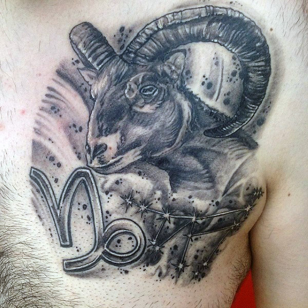 Astrological sign capricorn mens shaded upper chest tattoo design ideas Astrological sign capricorn mens shaded upper chest tattoo design ideas