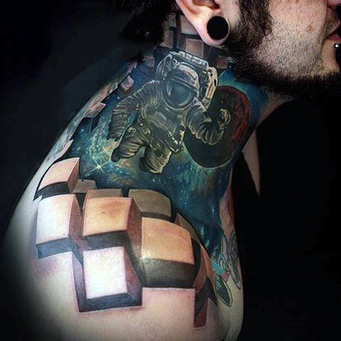 Astronaut tattoo with 3D block tattoo guy shoulder