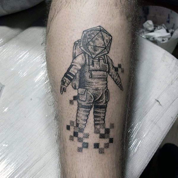 Astronaut with hexagonal helmet tattoo mens calves