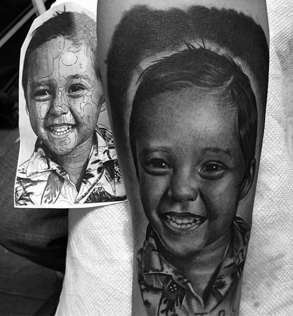 Awesome black and grey ink forearm sleeve family child portrait tattoos for men