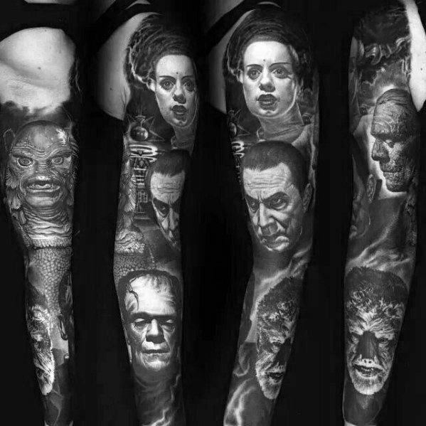 Awesome horror movie themed full arm sleeve 3d tattoos for men