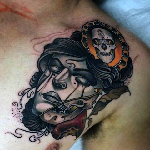 Awsome neo traditional face art tattoo males chest Awsome neo traditional face art tattoo males chest