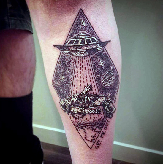 Back of leg calf ufo spaceship with astronaut mens tattoo