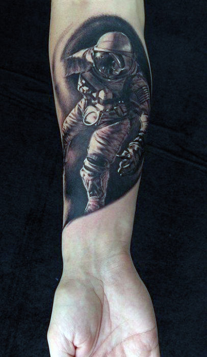 Beautiful black grey astronaut tattoo mens forearms