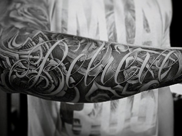 Believe mens script money rose flower tattoo sleeve
