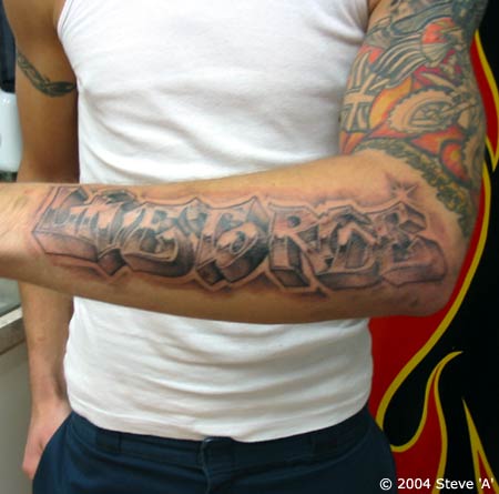 Best grey ink graffiti tattoo on man left sleeve