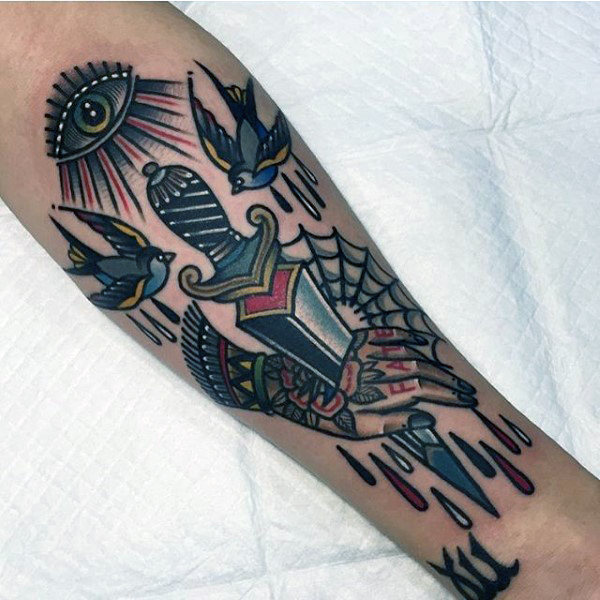 Birds dagger fate tattoo male forearms