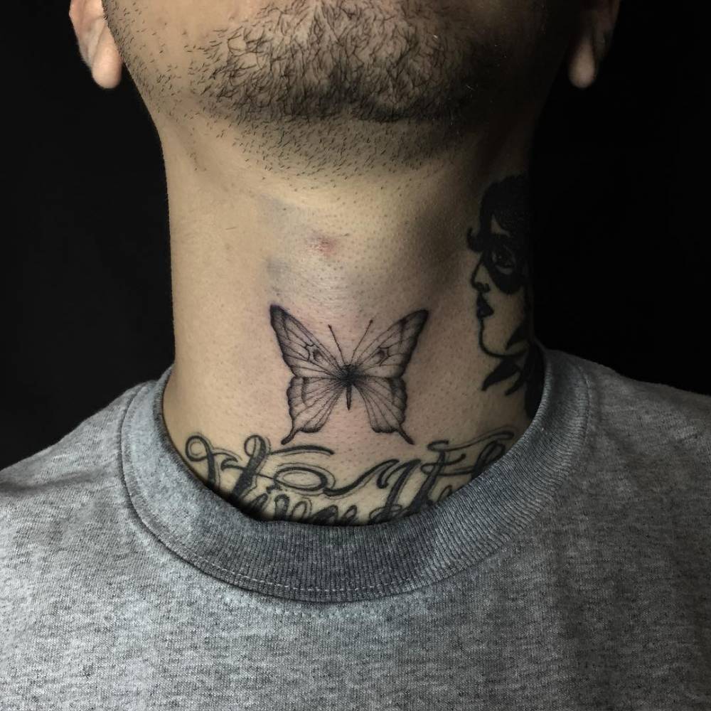 Black Butterfly Tattoo On The Neck