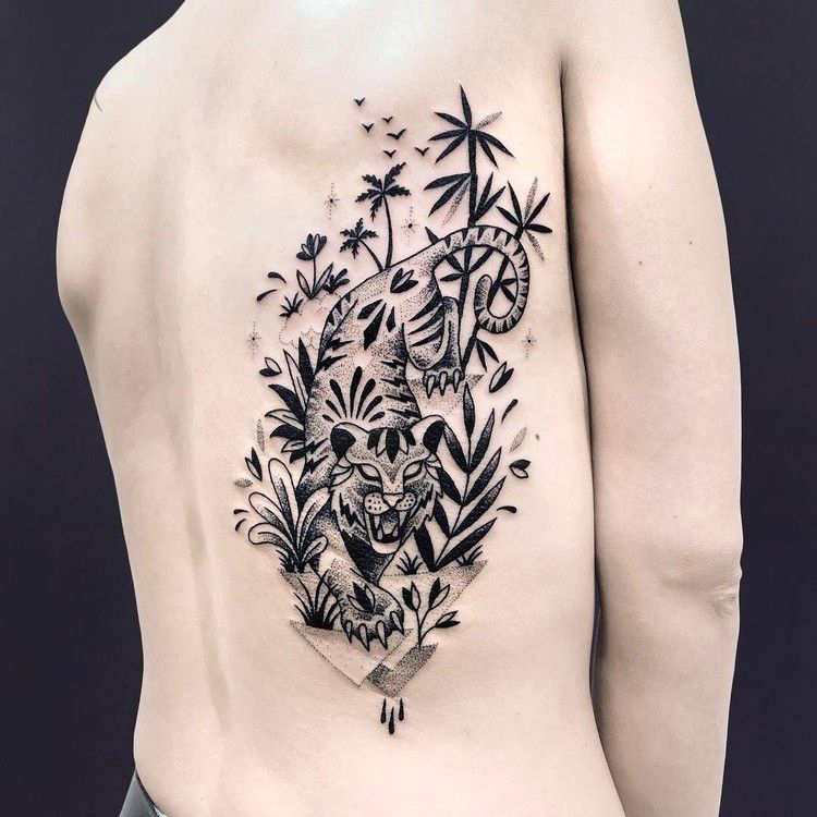 Black Dotwork Tiger Tattoo