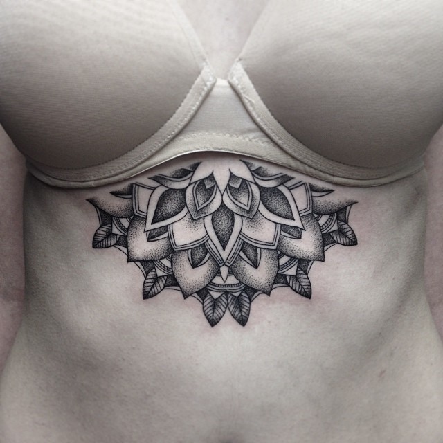 Black Flower Sternum Tattoo